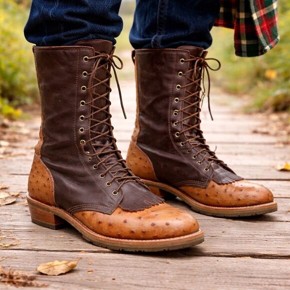 Double-H Boots Mens Size 10B Lacer Two Tone Work Boot D382 Ostrich Packer Kiltie main image 11